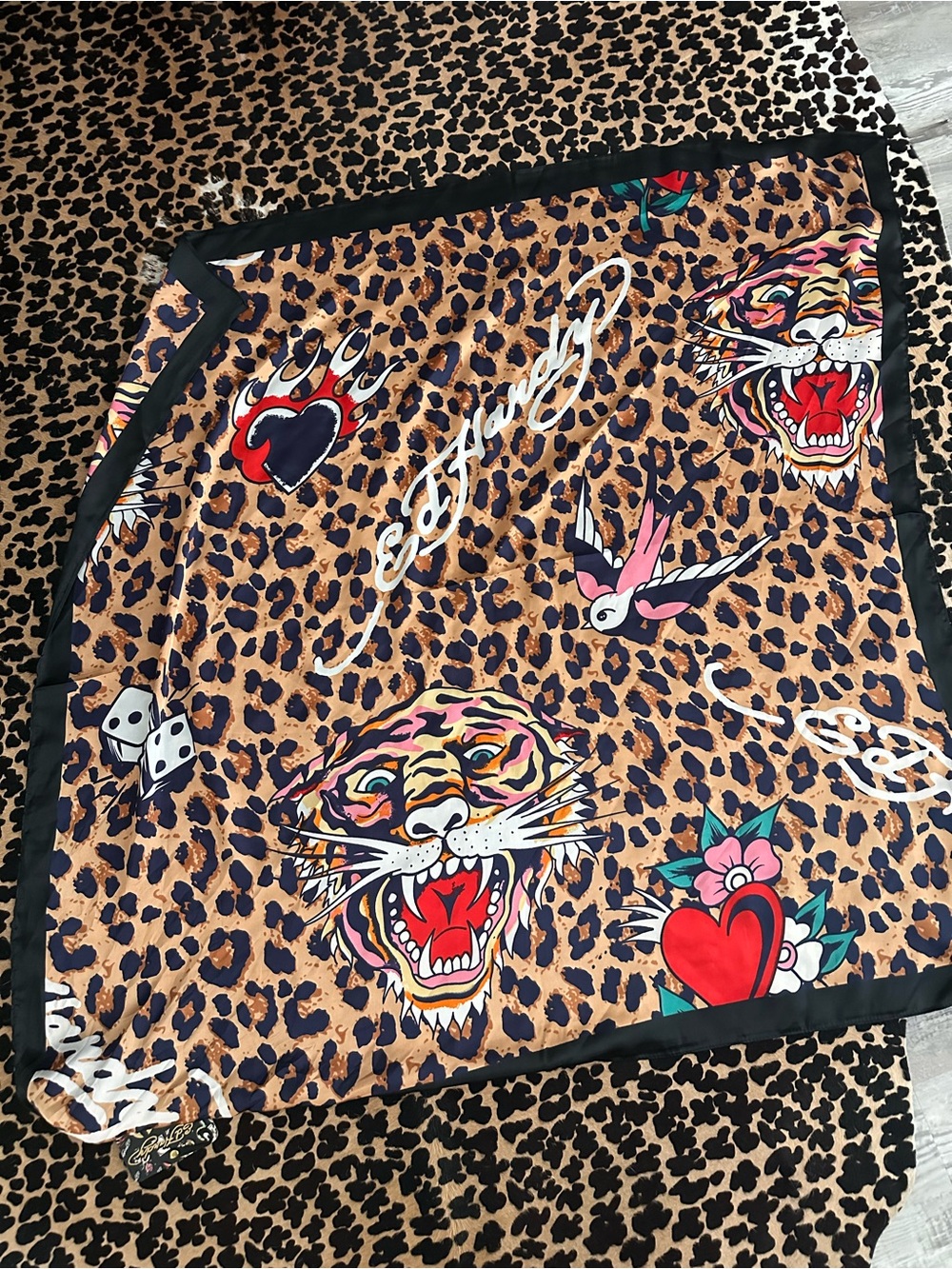 Ed Hardy Black Scarf with Multicolor Tattoo Motif